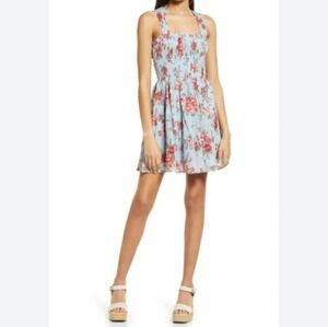 NSR Rose Floral Print Smocked X Back Mini Dress Size Medium Pink Blue
